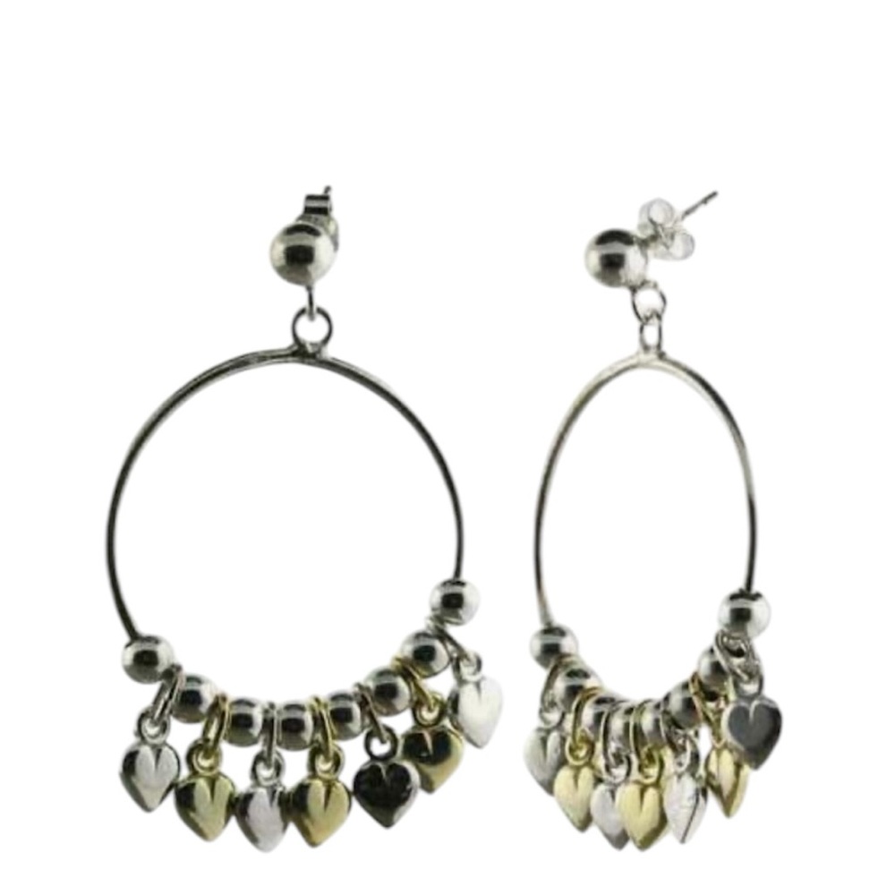 Sterling silver with gold wash heart dangle hoop earrings.